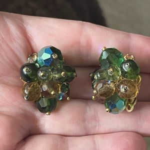 Vintage Signed DeMario NY Green Glass Beaded Rhinestone AB Clip On Earrings